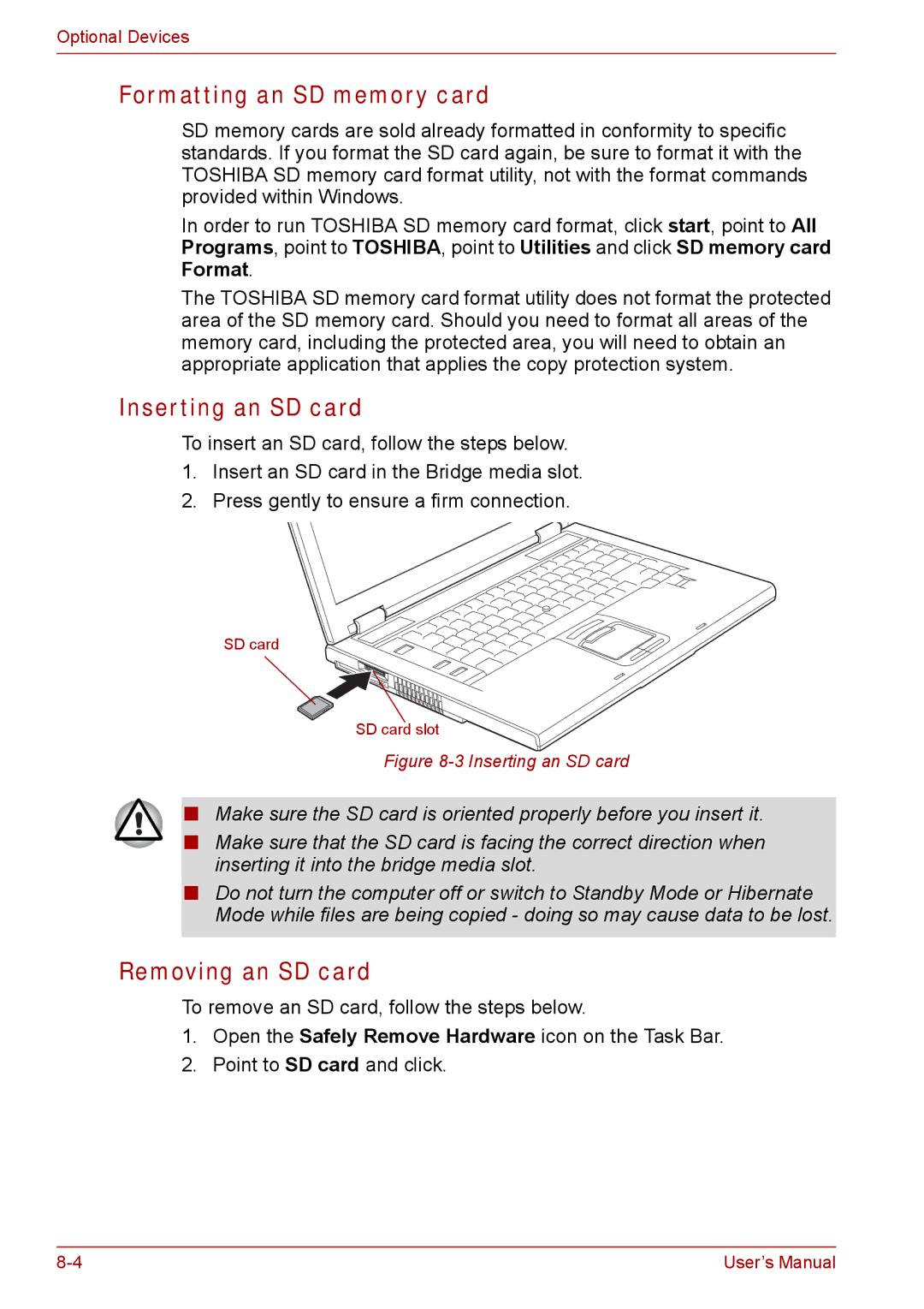 Toshiba SATELLITE PRO A120, Tecra A8 manual Formatting an SD memory card, Inserting an SD card, Removing an SD card 