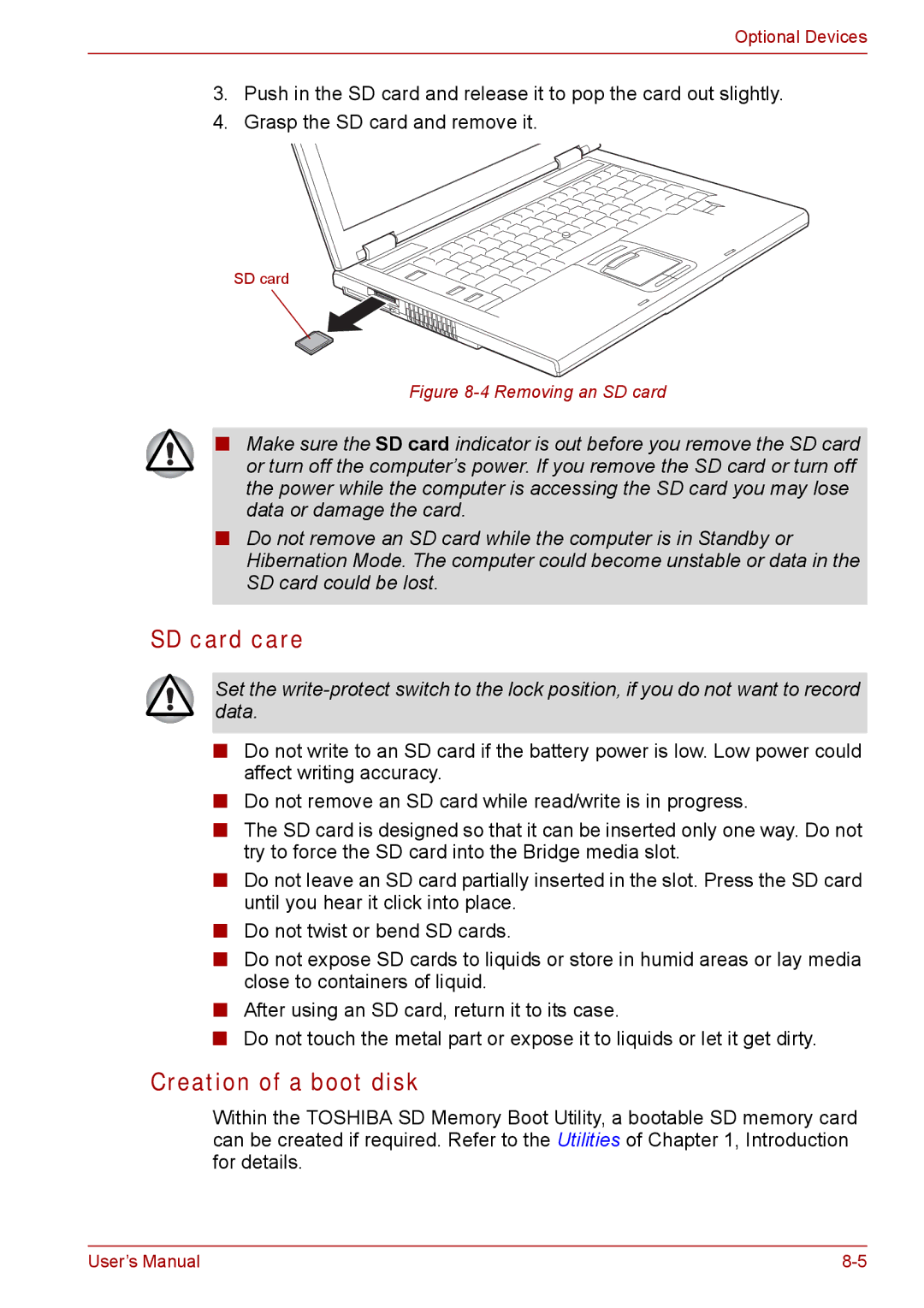 Toshiba Tecra A8, SATELLITE PRO A120 manual SD card care, Creation of a boot disk 