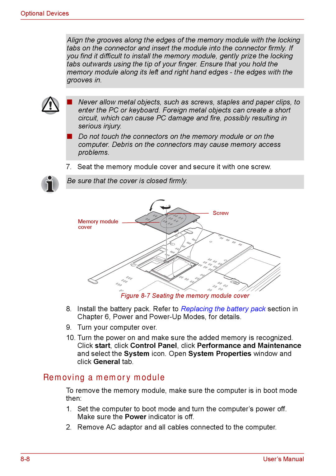 Toshiba SATELLITE PRO A120, Tecra A8 manual Removing a memory module, Be sure that the cover is closed firmly 