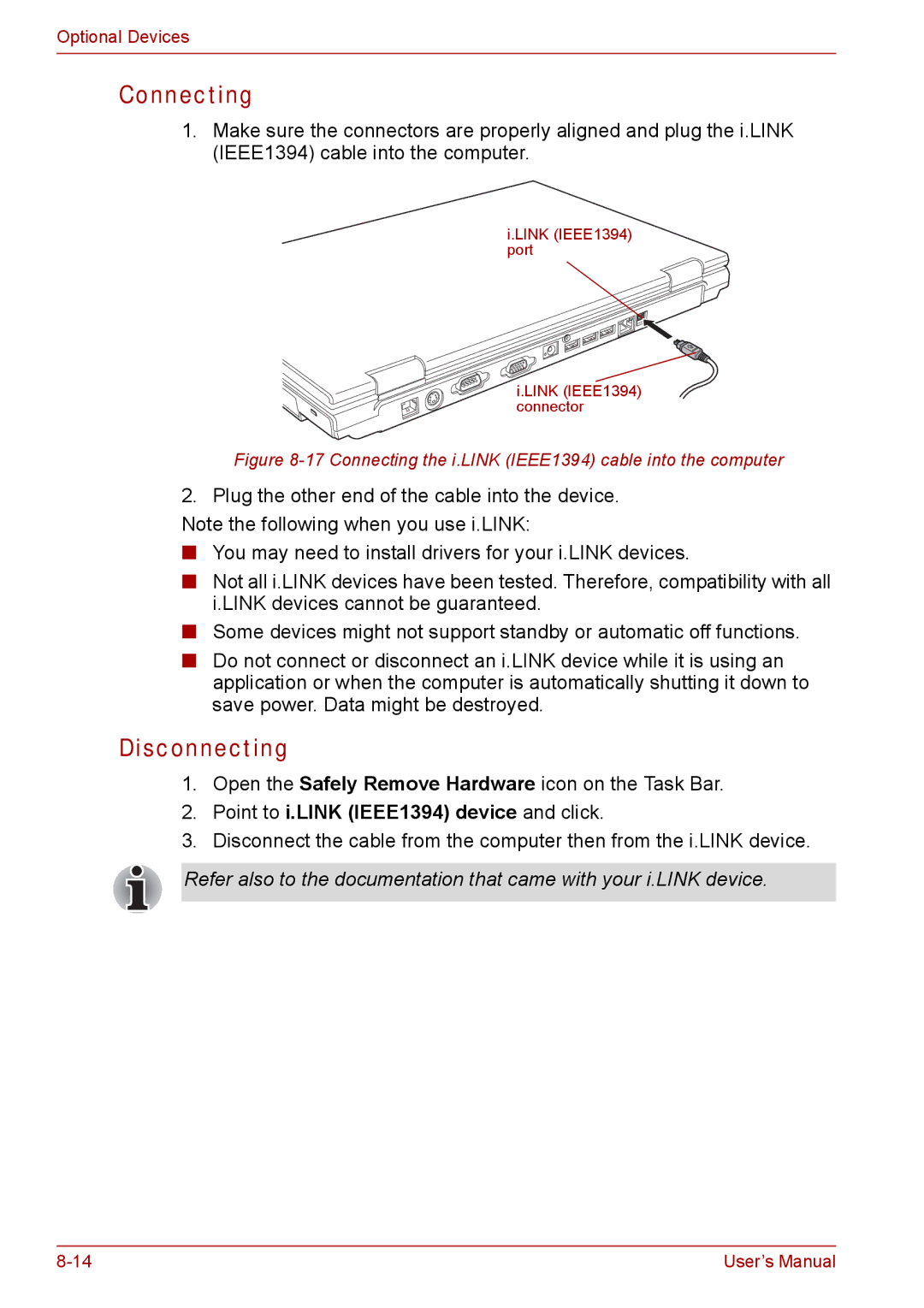 Toshiba SATELLITE PRO A120, Tecra A8 manual Point to i.LINK IEEE1394 device and click 