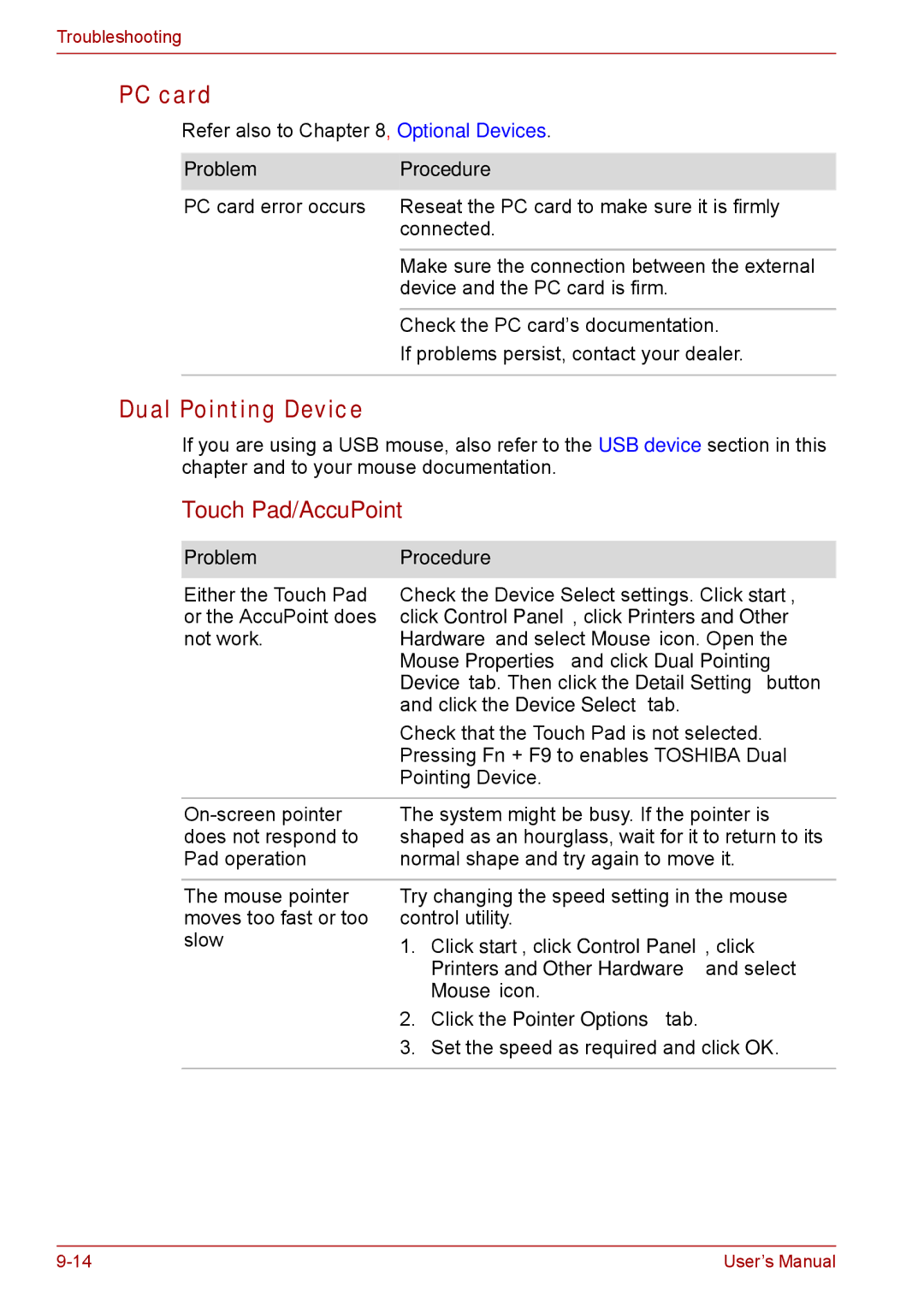 Toshiba SATELLITE PRO A120, Tecra A8 manual PC card, Dual Pointing Device, Touch Pad/AccuPoint 