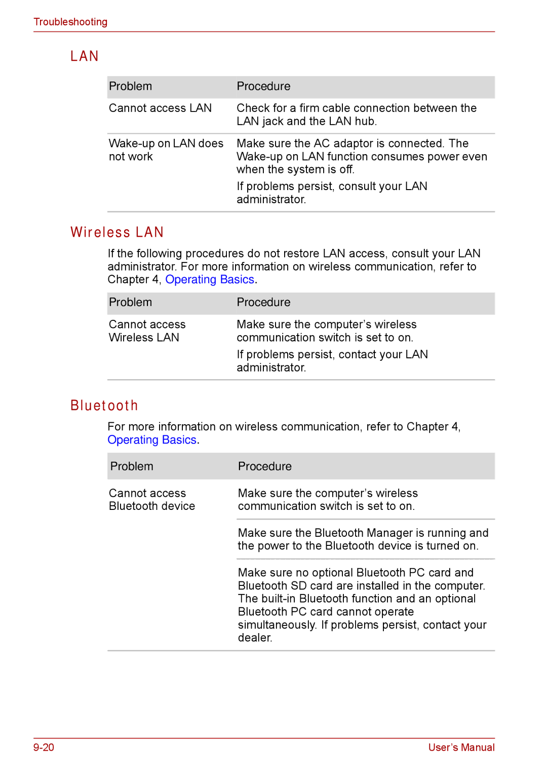 Toshiba SATELLITE PRO A120, Tecra A8 manual Lan, Bluetooth 