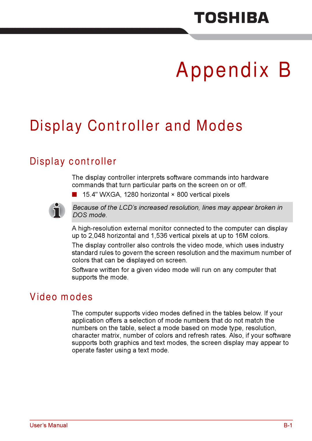 Toshiba Tecra A8, SATELLITE PRO A120 manual Display Controller and Modes, Display controller, Video modes 