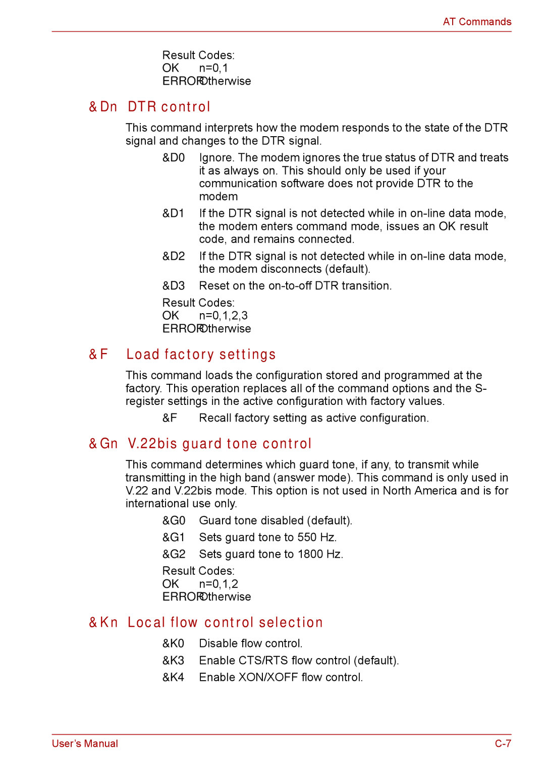 Toshiba Tecra A8 Dn DTR control, Load factory settings, Gn V.22bis guard tone control, Kn Local flow control selection 