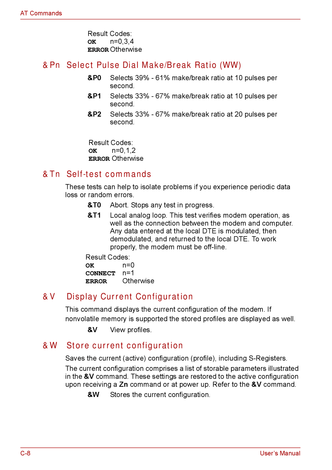 Toshiba SATELLITE PRO A120 Pn Select Pulse Dial Make/Break Ratio WW, Tn Self-test commands, Display Current Configuration 