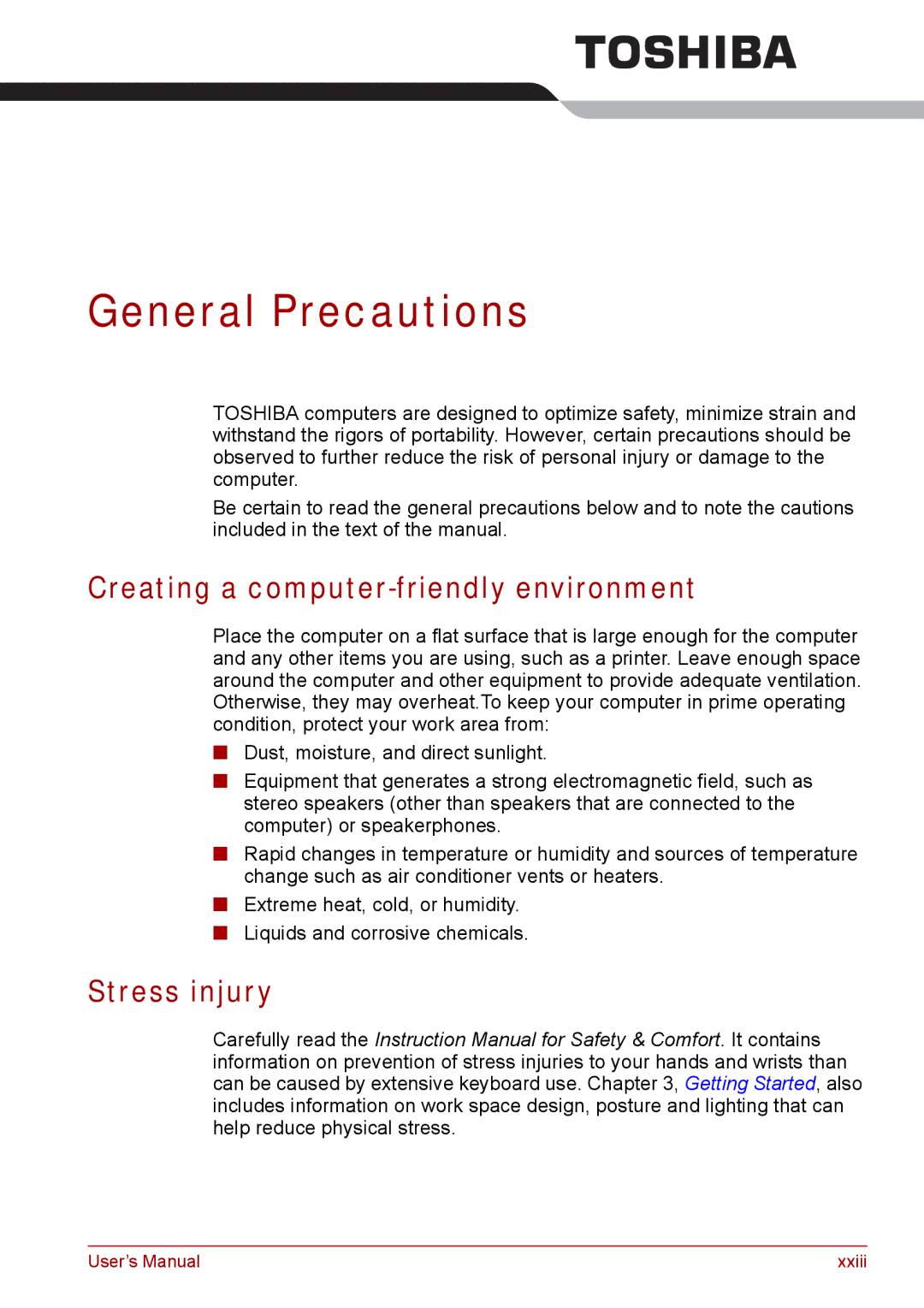 Toshiba Tecra A8, SATELLITE PRO A120 manual General Precautions, Creating a computer-friendly environment, Stress injury 