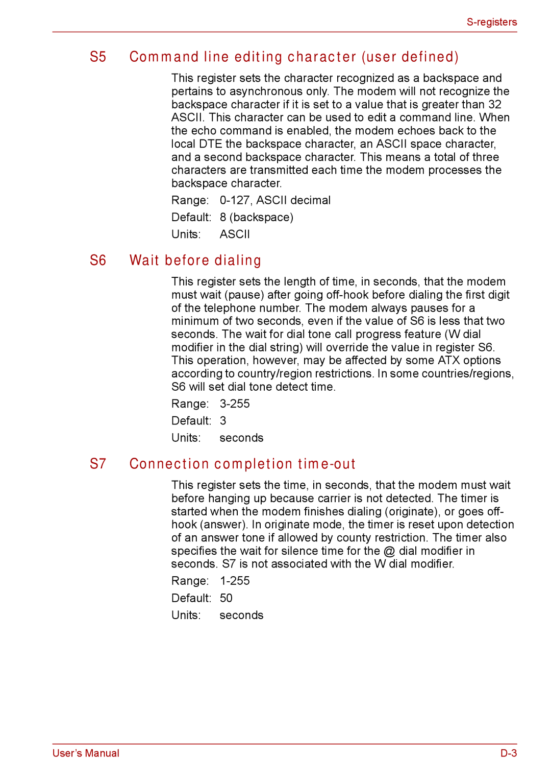 Toshiba Tecra A8 S5 Command line editing character user defined, S6 Wait before dialing, S7 Connection completion time-out 