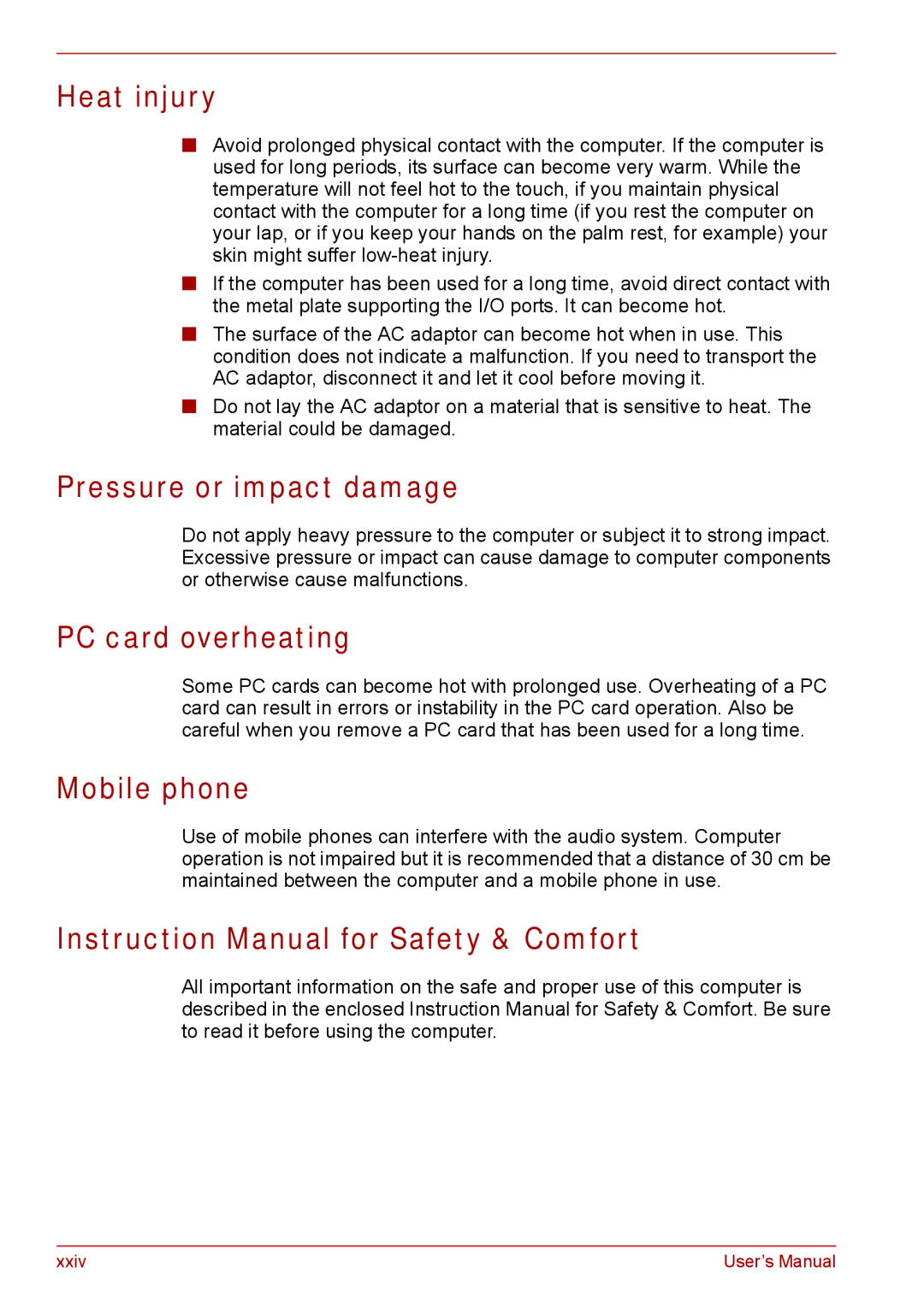 Toshiba SATELLITE PRO A120, Tecra A8 manual Heat injury, Pressure or impact damage, PC card overheating, Mobile phone 