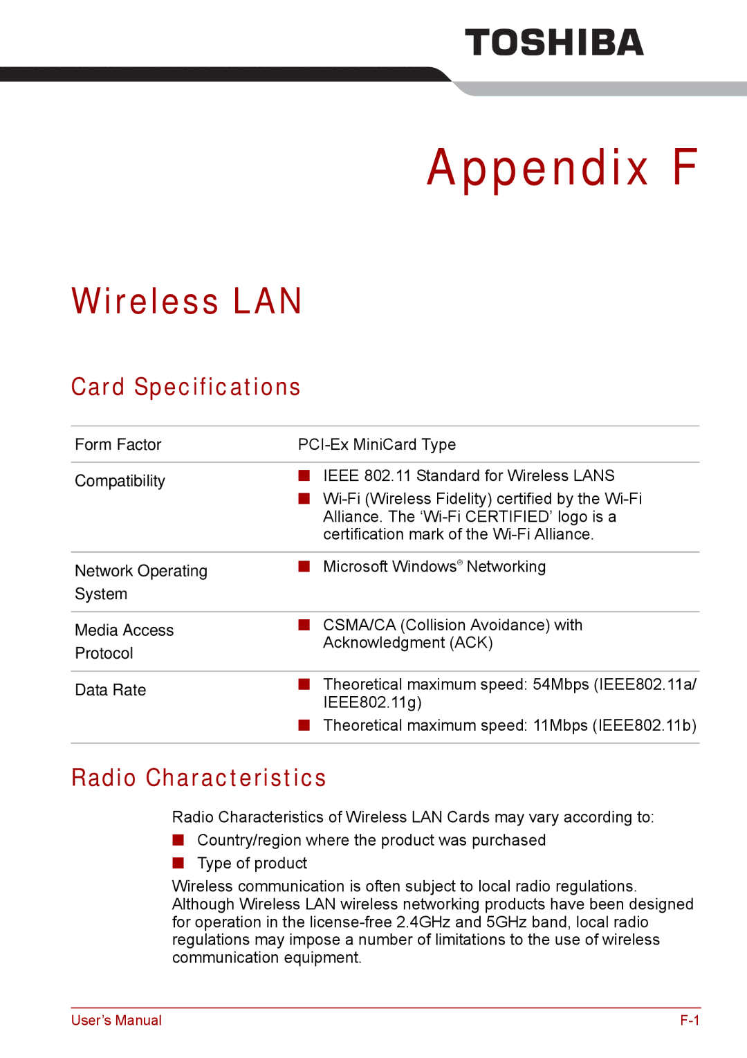 Toshiba Tecra A8, SATELLITE PRO A120 manual Wireless LAN, Card Specifications, Radio Characteristics 