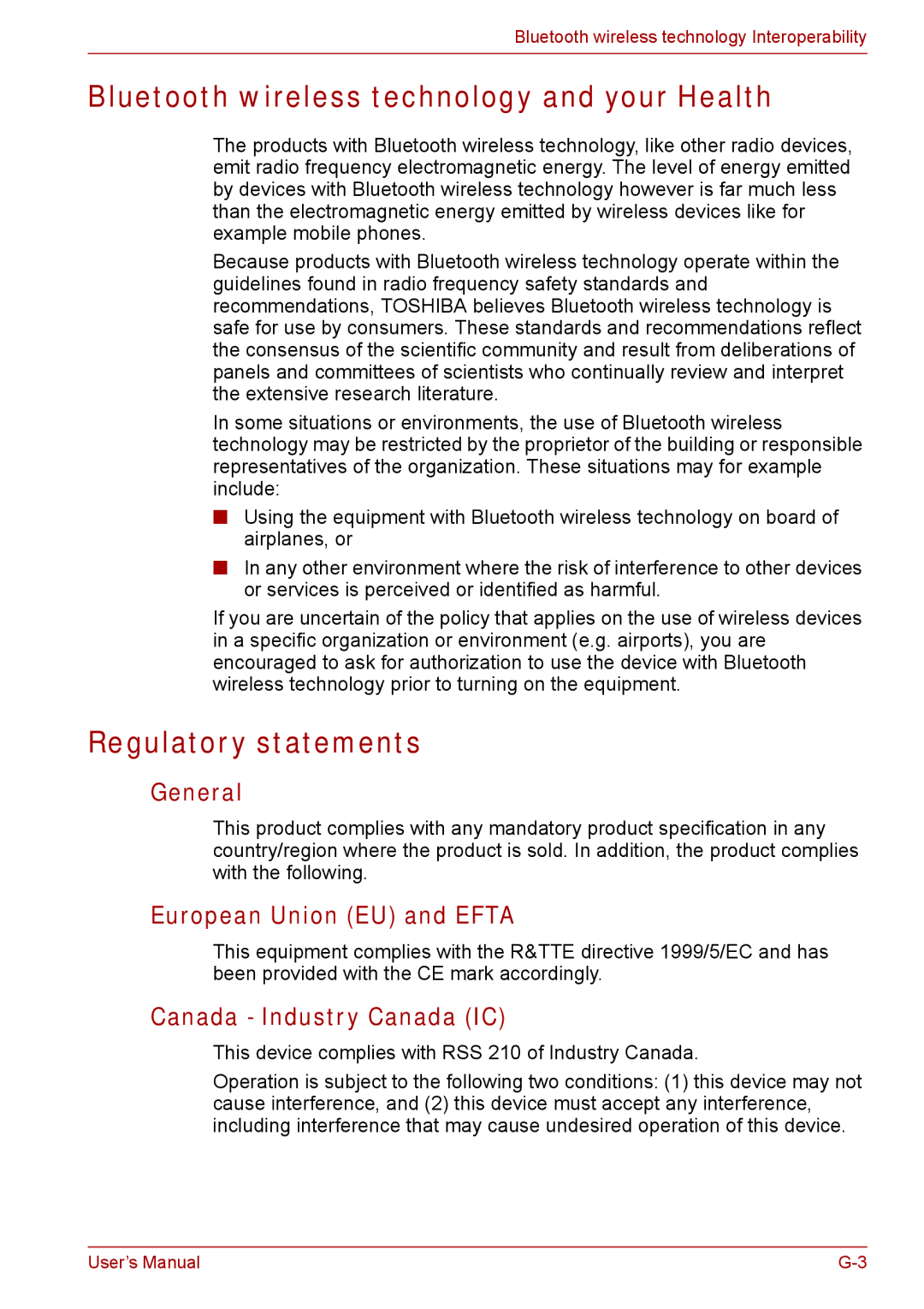 Toshiba Tecra A8 Bluetooth wireless technology and your Health, Regulatory statements, General, European Union EU and Efta 