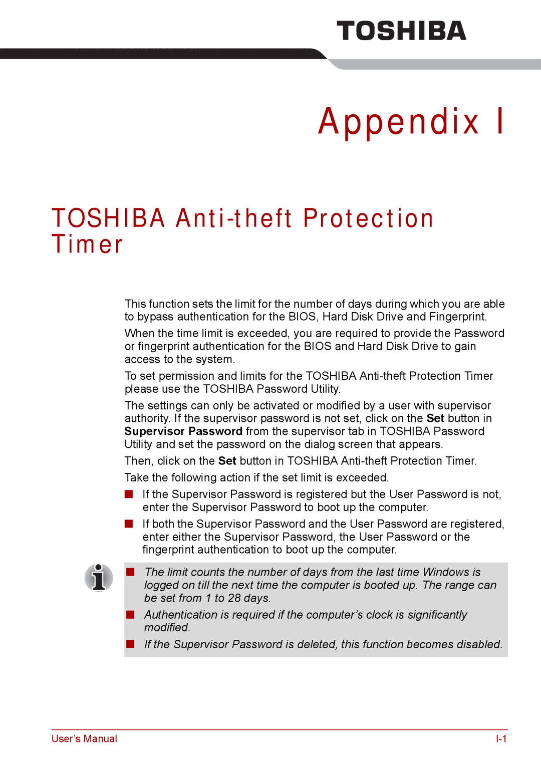 Toshiba Tecra A8, SATELLITE PRO A120 manual Appendix, Toshiba Anti-theft Protection Timer 