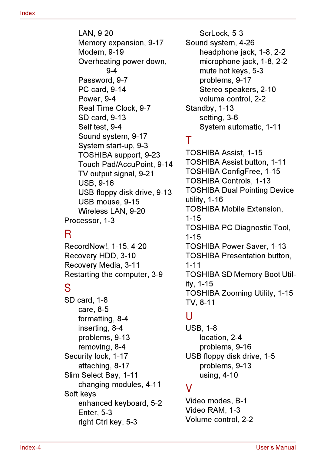 Toshiba SATELLITE PRO A120, Tecra A8 manual Index-4 User’s Manual 