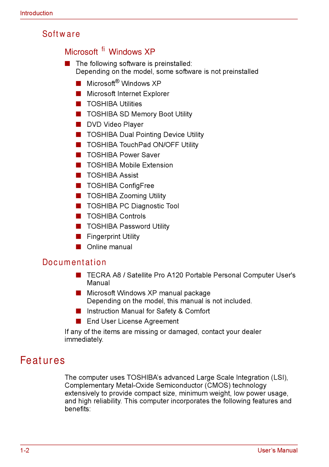 Toshiba SATELLITE PRO A120, Tecra A8 manual Features, Software, Documentation, Microsoft Windows XP 