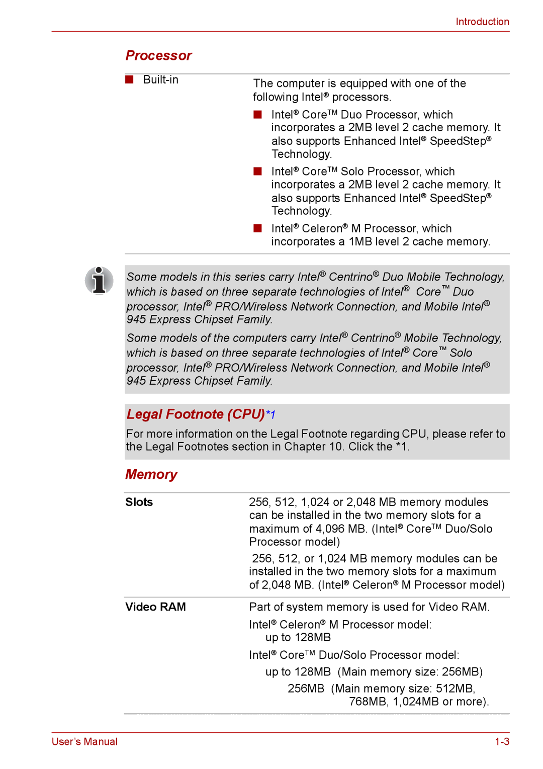 Toshiba Tecra A8, SATELLITE PRO A120 manual Processor, Legal Footnote CPU*1, Memory, Slots, Video RAM 