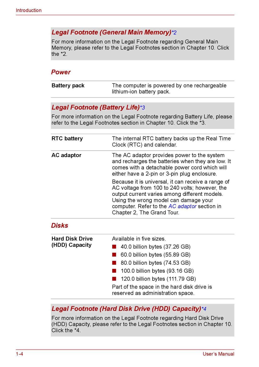 Toshiba SATELLITE PRO A120, Tecra A8 Legal Footnote General Main Memory*2, Power, Legal Footnote Battery Life*3, Disks 