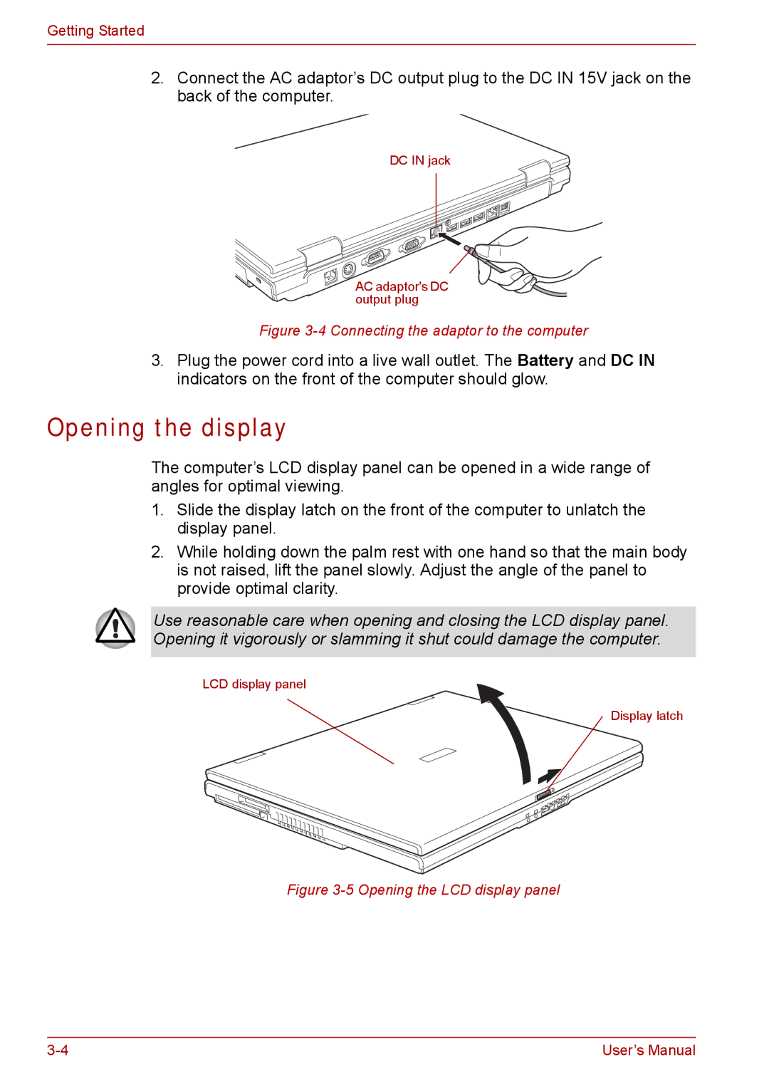 Toshiba SATELLITE PRO A120, Tecra A8 manual Opening the display, Connecting the adaptor to the computer 