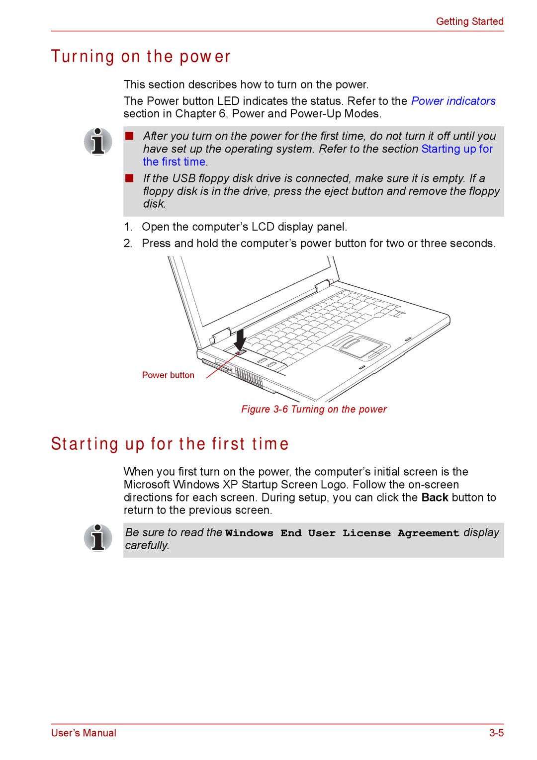 Toshiba Tecra A8, SATELLITE PRO A120 manual Turning on the power, Starting up for the first time 