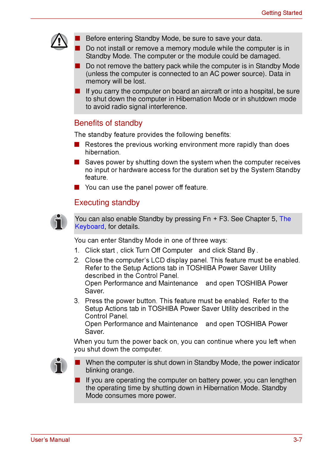 Toshiba Tecra A8 manual Benefits of standby, Executing standby, Click start, click Turn Off Computer and click Stand By 