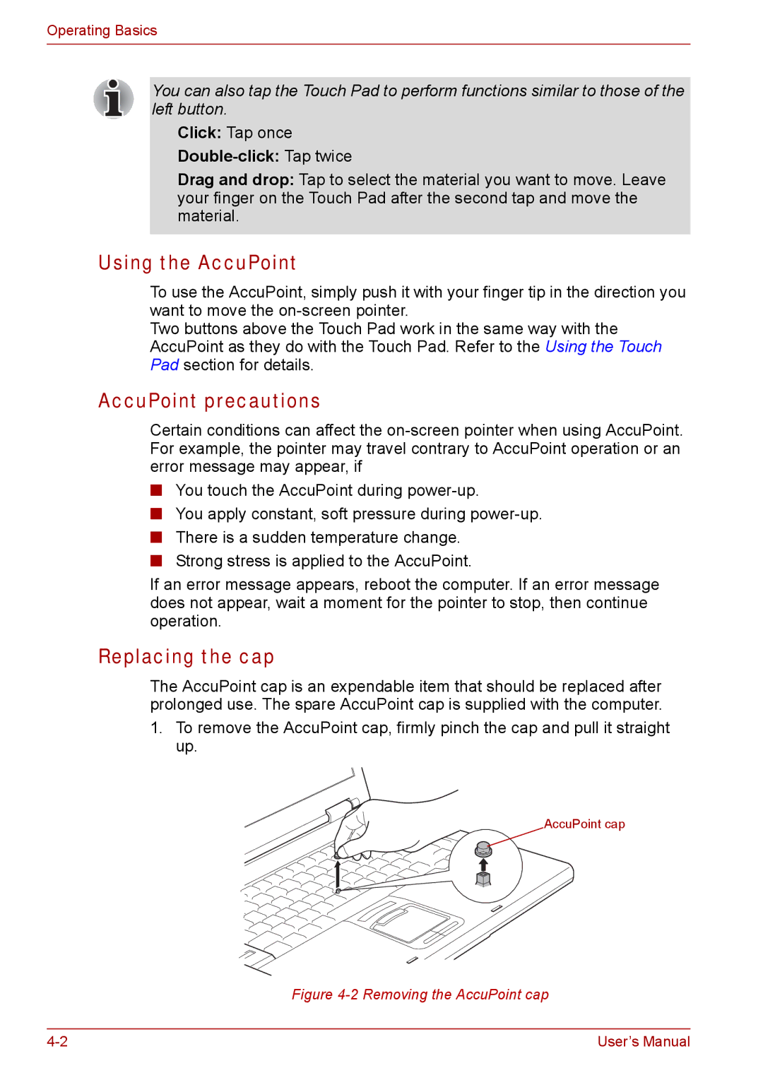 Toshiba SATELLITE PRO A120, Tecra A8 Using the AccuPoint, AccuPoint precautions, Replacing the cap, Double-click Tap twice 