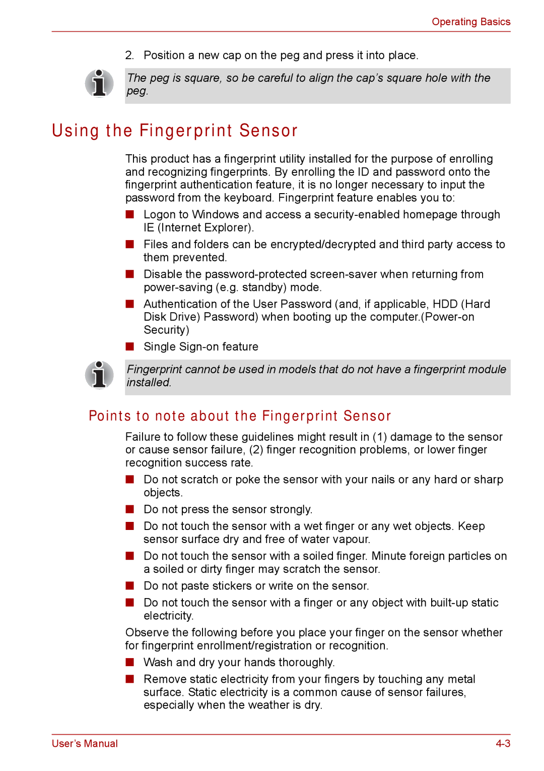 Toshiba Tecra A8, SATELLITE PRO A120 manual Using the Fingerprint Sensor, Points to note about the Fingerprint Sensor 