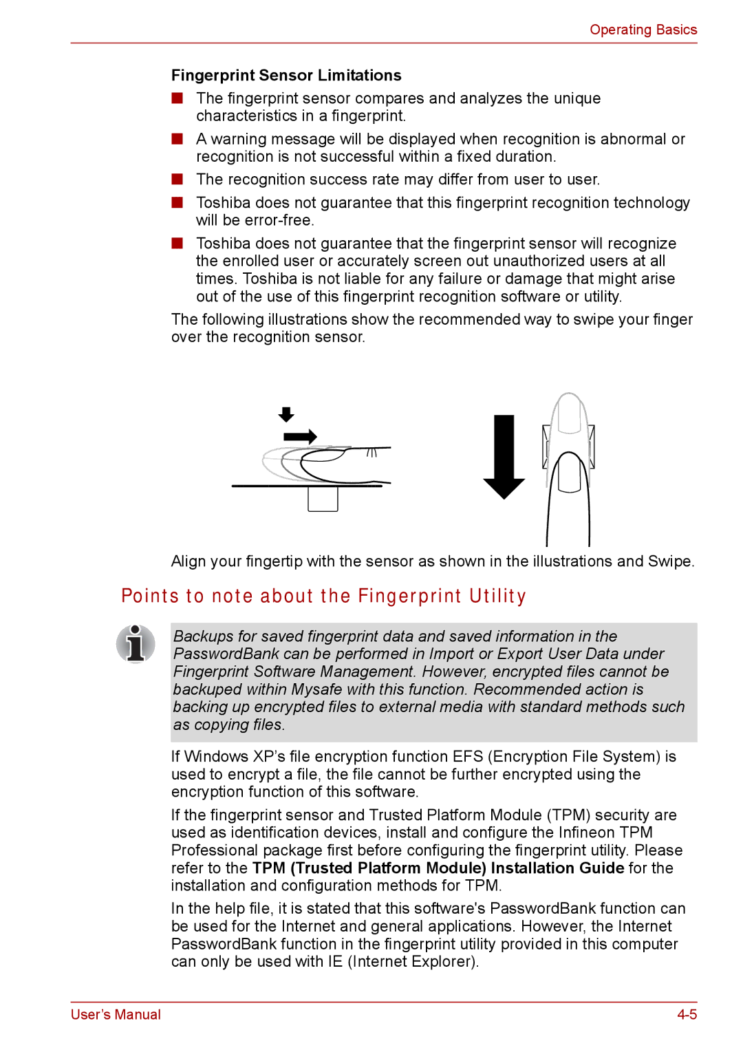 Toshiba Tecra A8, SATELLITE PRO A120 manual Points to note about the Fingerprint Utility, Fingerprint Sensor Limitations 