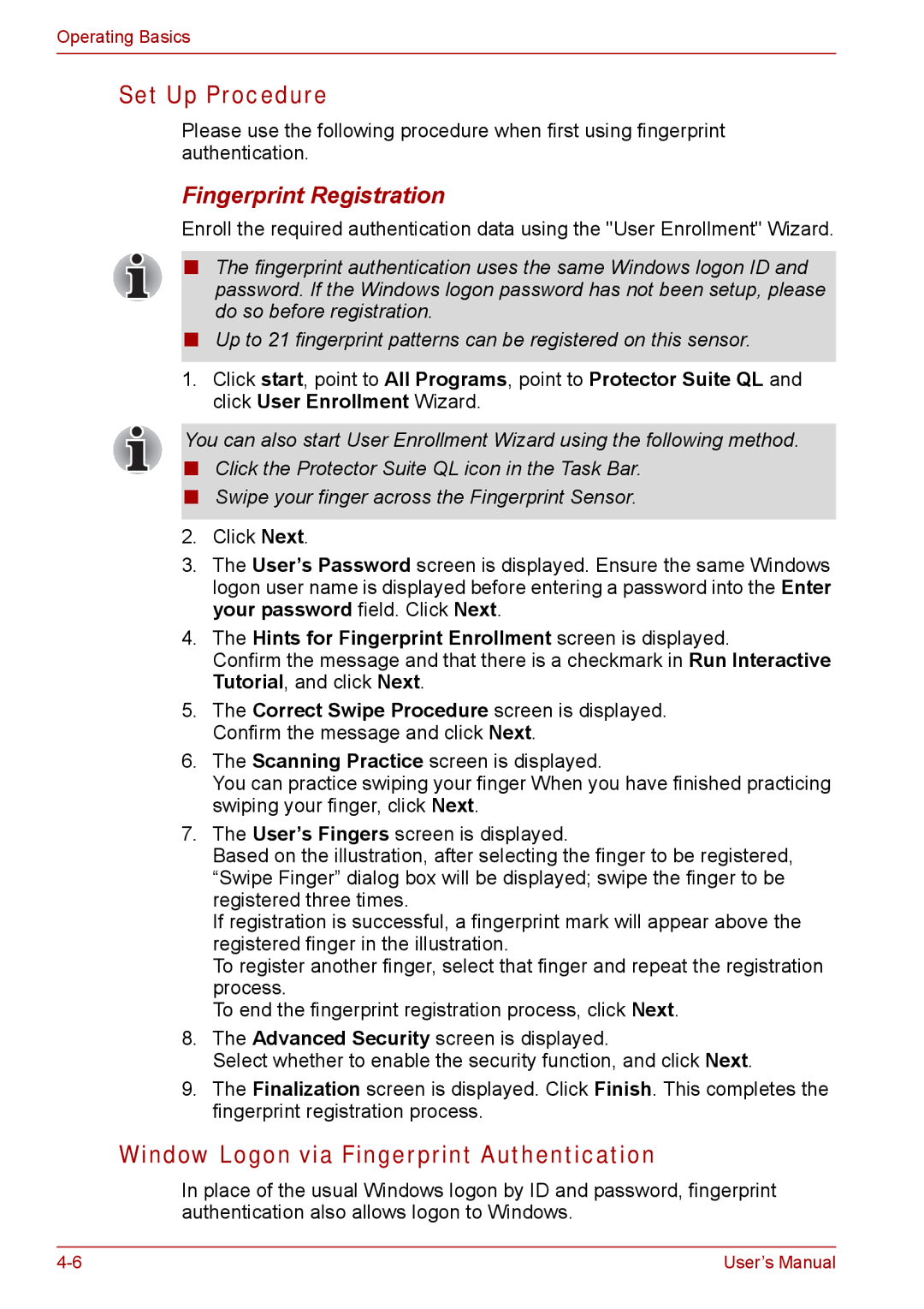 Toshiba SATELLITE PRO A120 manual Set Up Procedure, Window Logon via Fingerprint Authentication, Fingerprint Registration 