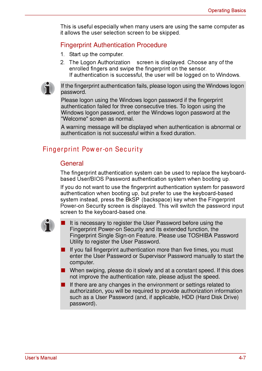 Toshiba Tecra A8, SATELLITE PRO A120 manual Fingerprint Authentication Procedure, General 