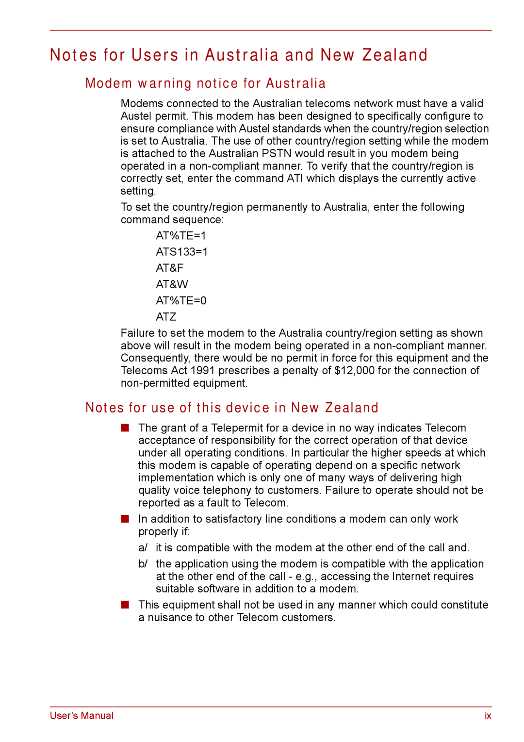 Toshiba Tecra A8, SATELLITE PRO A120 manual Modem warning notice for Australia, AT&F AT&W AT%TE=0 ATZ 