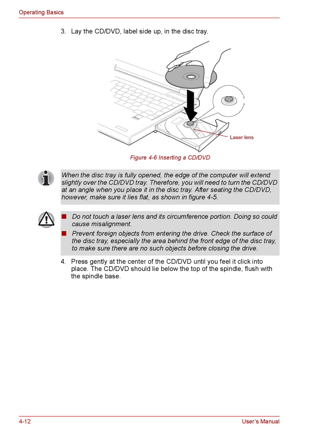 Toshiba SATELLITE PRO A120, Tecra A8 manual Lay the CD/DVD, label side up, in the disc tray 