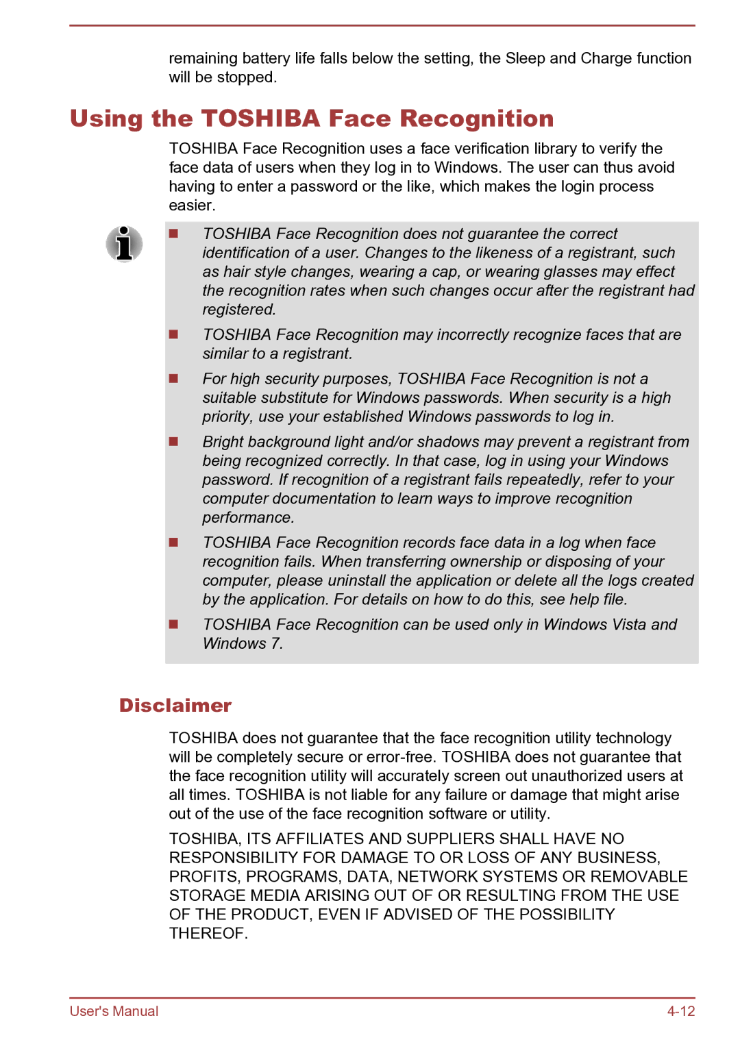 Toshiba Satellite Pro S850 user manual Using the Toshiba Face Recognition, Disclaimer 