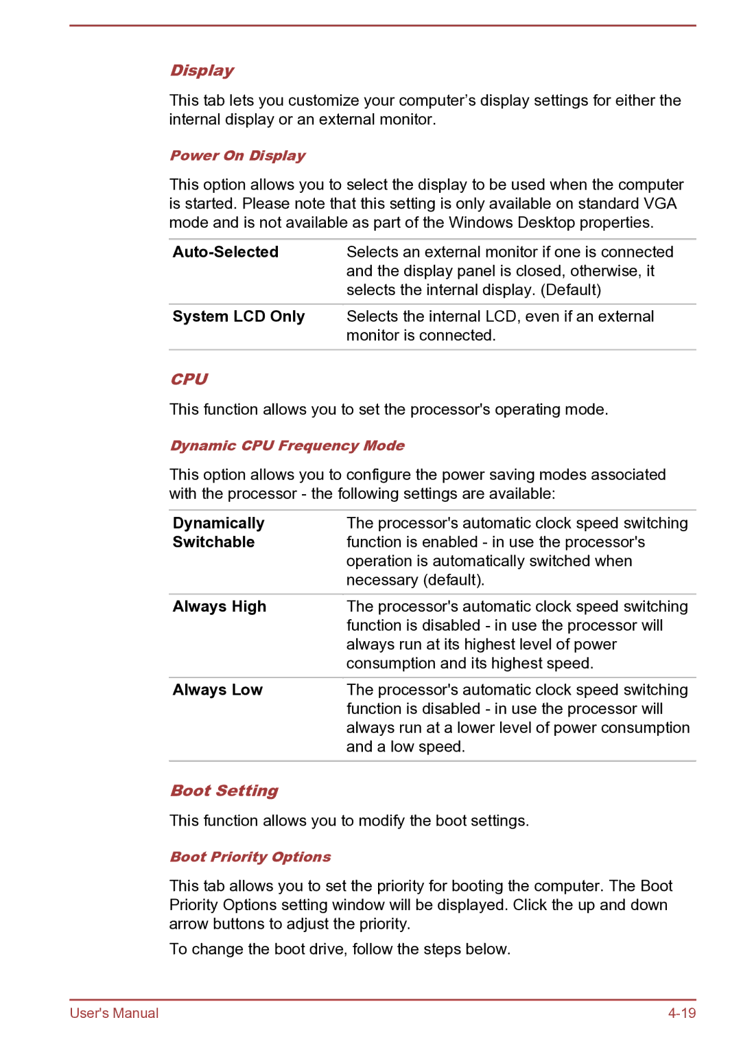 Toshiba Satellite Pro S850 user manual Display, Boot Setting 