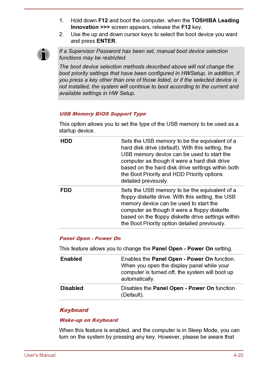 Toshiba Satellite Pro S850 user manual Enabled Enables the Panel Open Power On function, Keyboard 