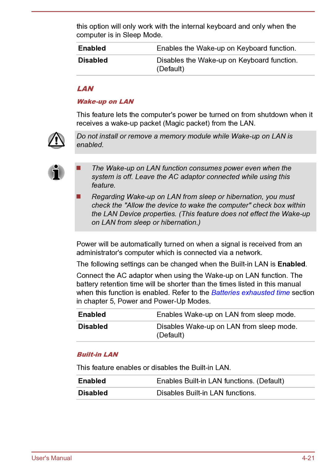 Toshiba Satellite Pro S850 user manual Enabled, Disabled 