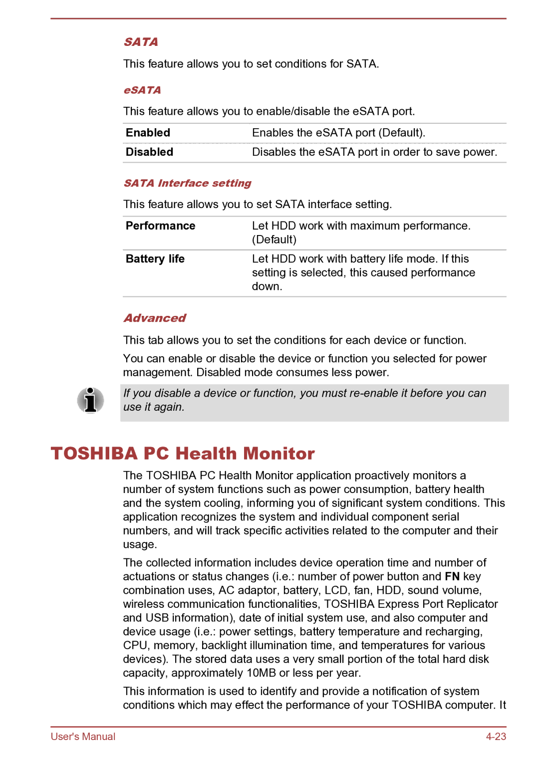 Toshiba Satellite Pro S850 user manual Toshiba PC Health Monitor, Performance, Battery life, Advanced 