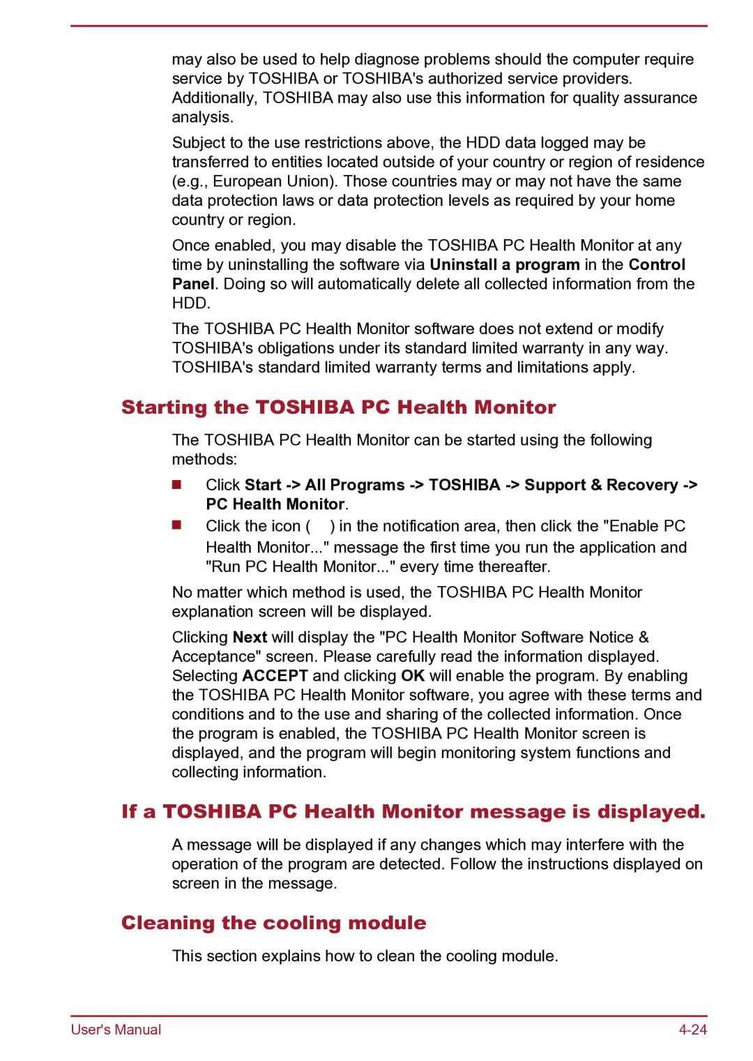 Toshiba Satellite Pro S850 Starting the Toshiba PC Health Monitor, If a Toshiba PC Health Monitor message is displayed 