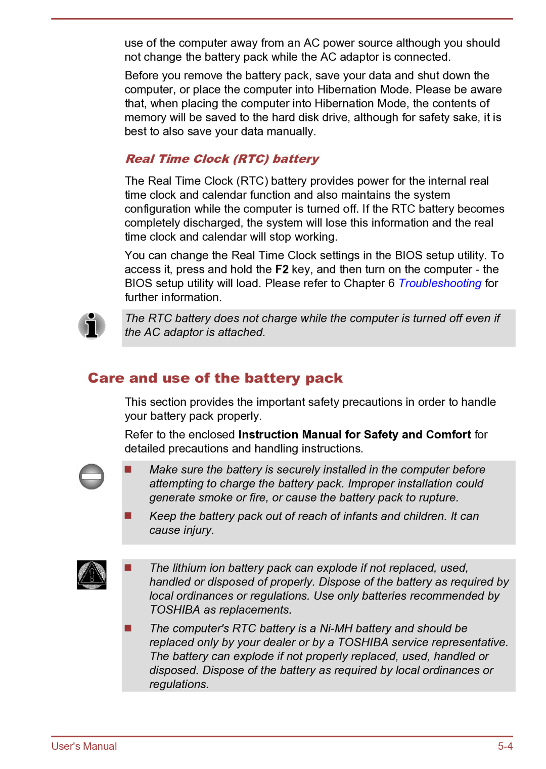 Toshiba Satellite Pro S850 user manual Care and use of the battery pack, Real Time Clock RTC battery 