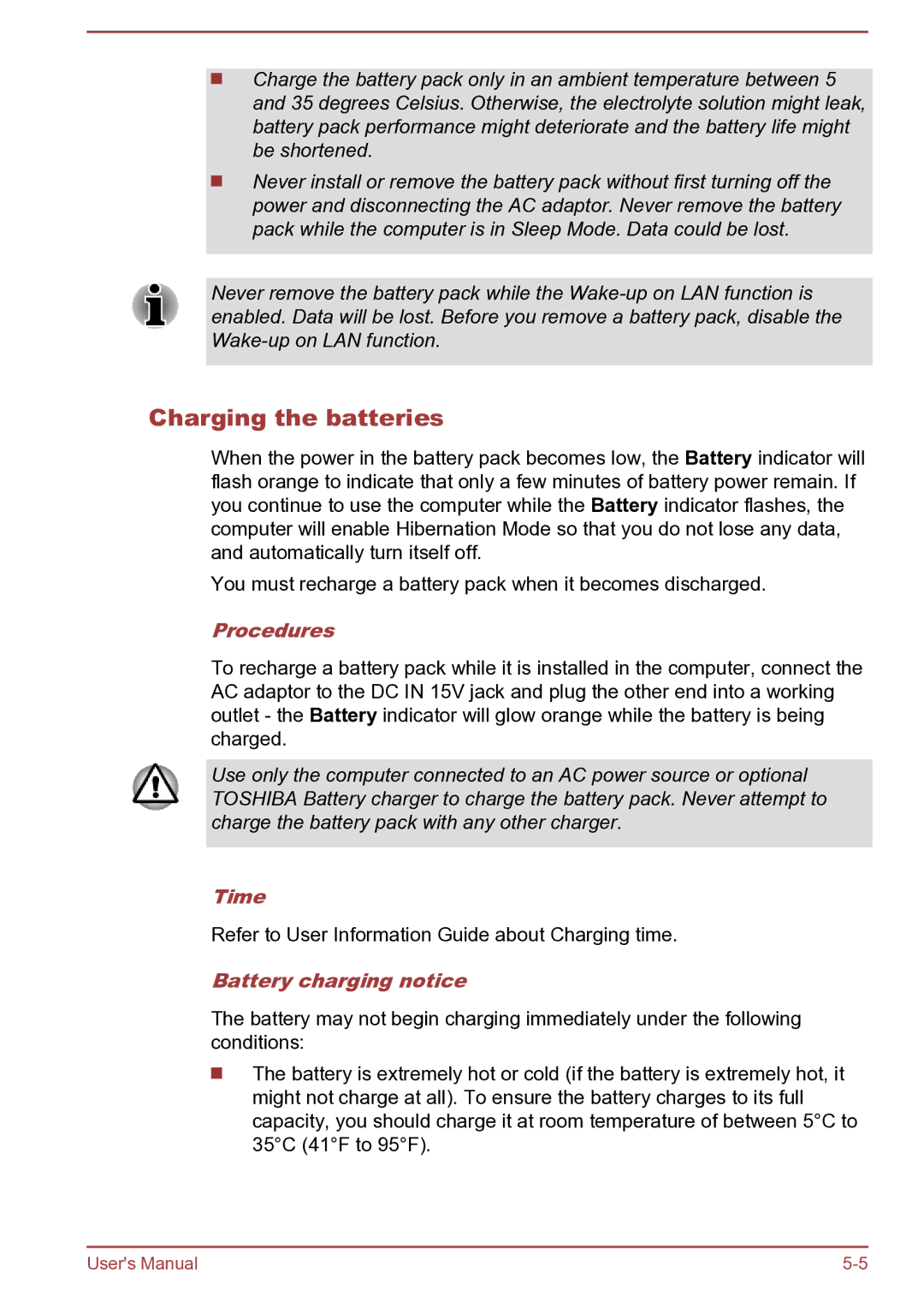 Toshiba Satellite Pro S850 user manual Charging the batteries, Procedures, Time, Battery charging notice 