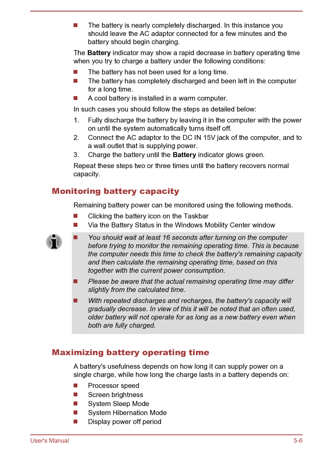 Toshiba Satellite Pro S850 user manual Monitoring battery capacity, Maximizing battery operating time 