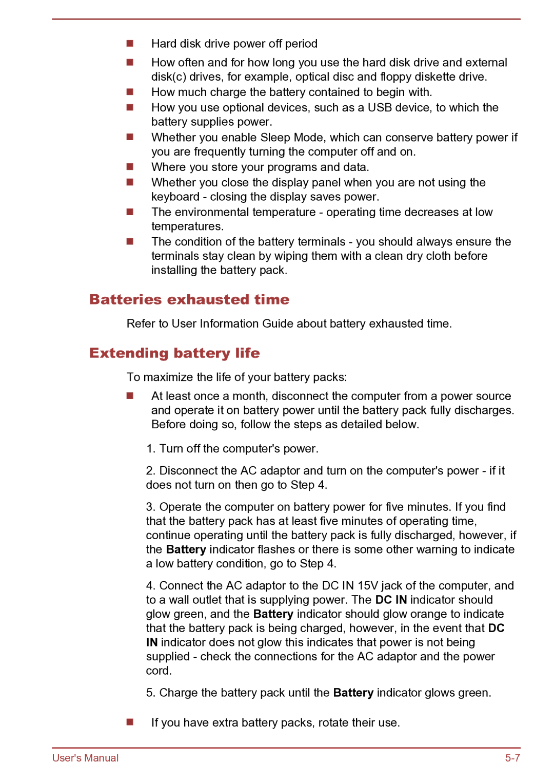 Toshiba Satellite Pro S850 user manual Batteries exhausted time, Extending battery life 