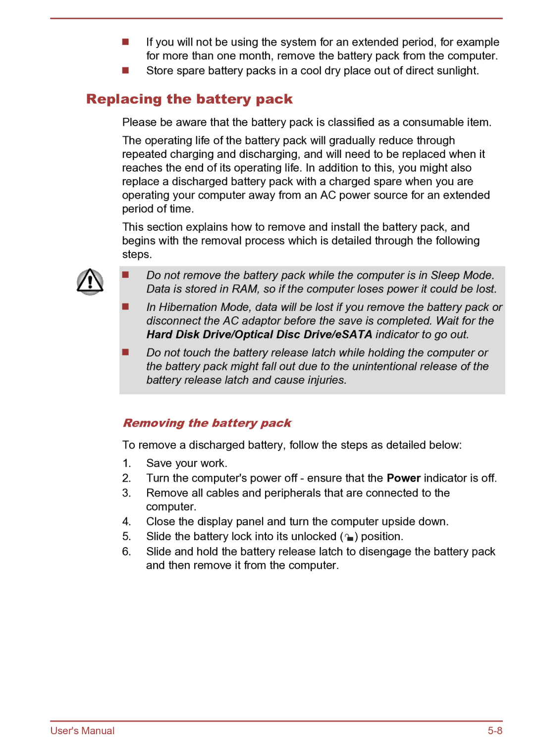 Toshiba Satellite Pro S850 user manual Replacing the battery pack, Removing the battery pack 