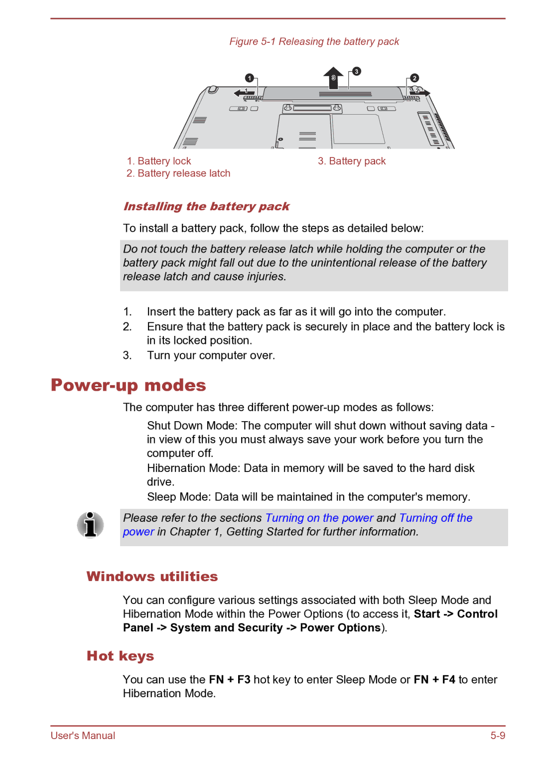 Toshiba Satellite Pro S850 user manual Power-up modes, Windows utilities, Hot keys, Installing the battery pack 