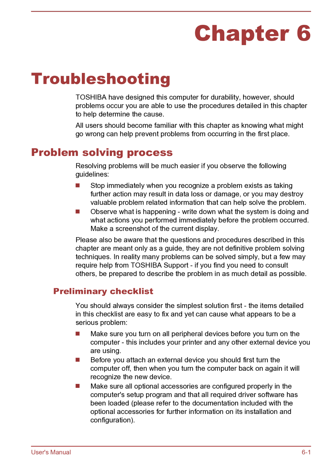 Toshiba Satellite Pro S850 user manual Troubleshooting, Problem solving process, Preliminary checklist 