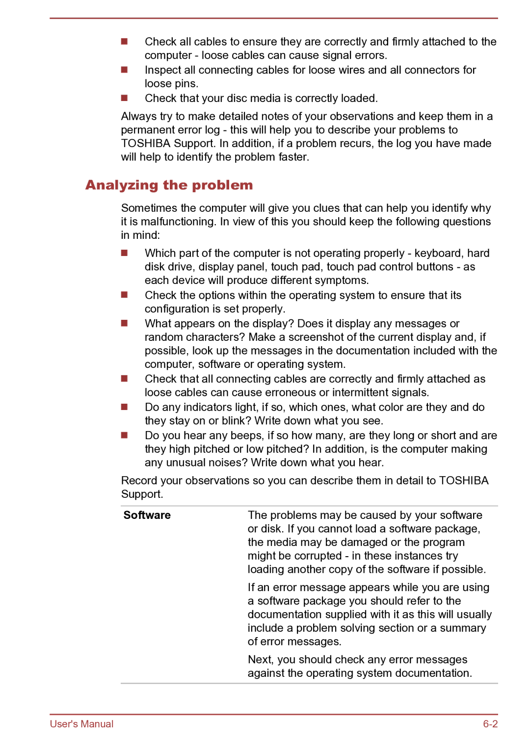 Toshiba Satellite Pro S850 user manual Analyzing the problem, Software 