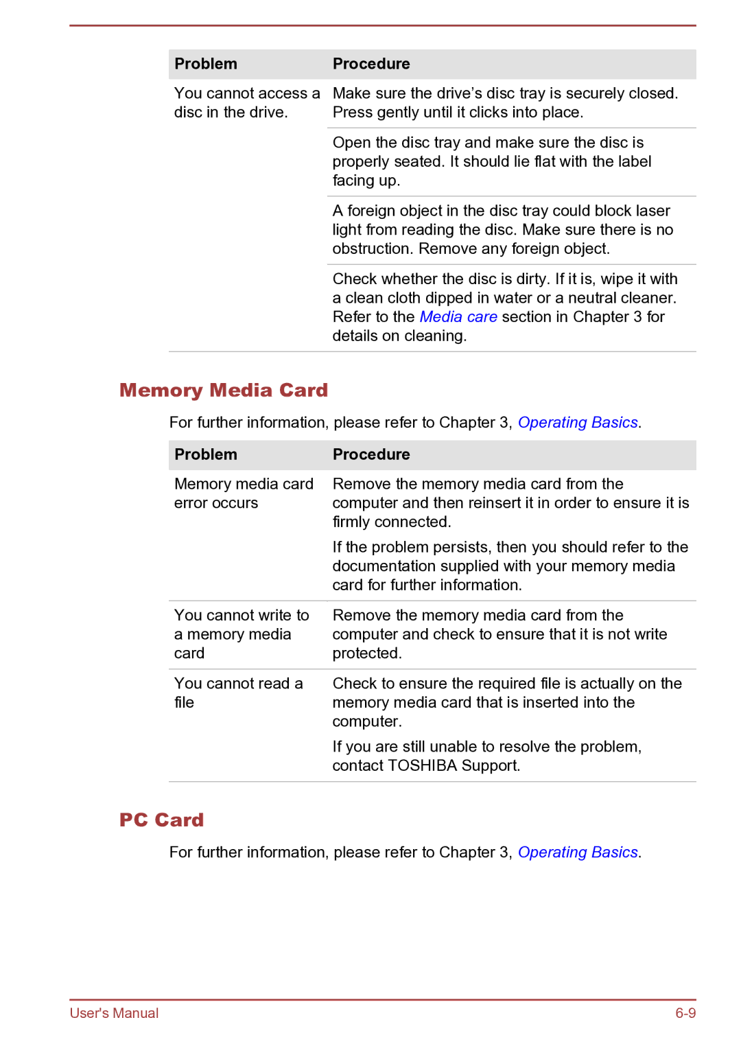 Toshiba Satellite Pro S850 user manual Memory Media Card, PC Card, ProblemProcedure 