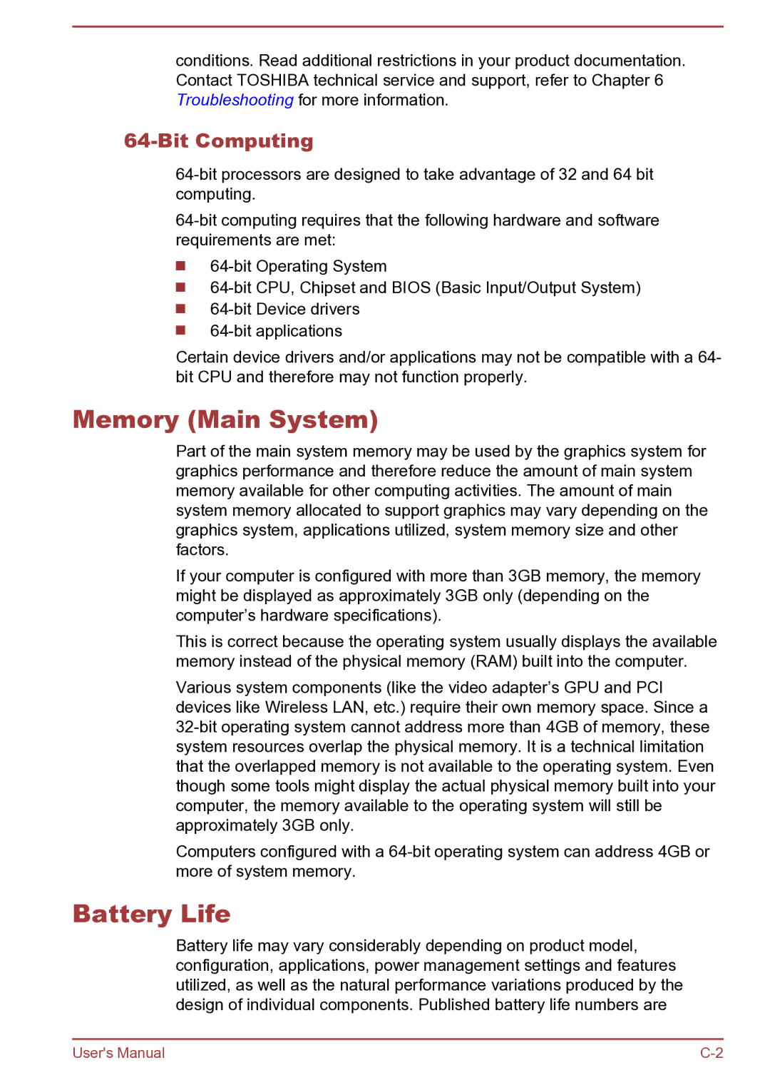 Toshiba Satellite Pro S850 user manual Memory Main System, Battery Life, Bit Computing 