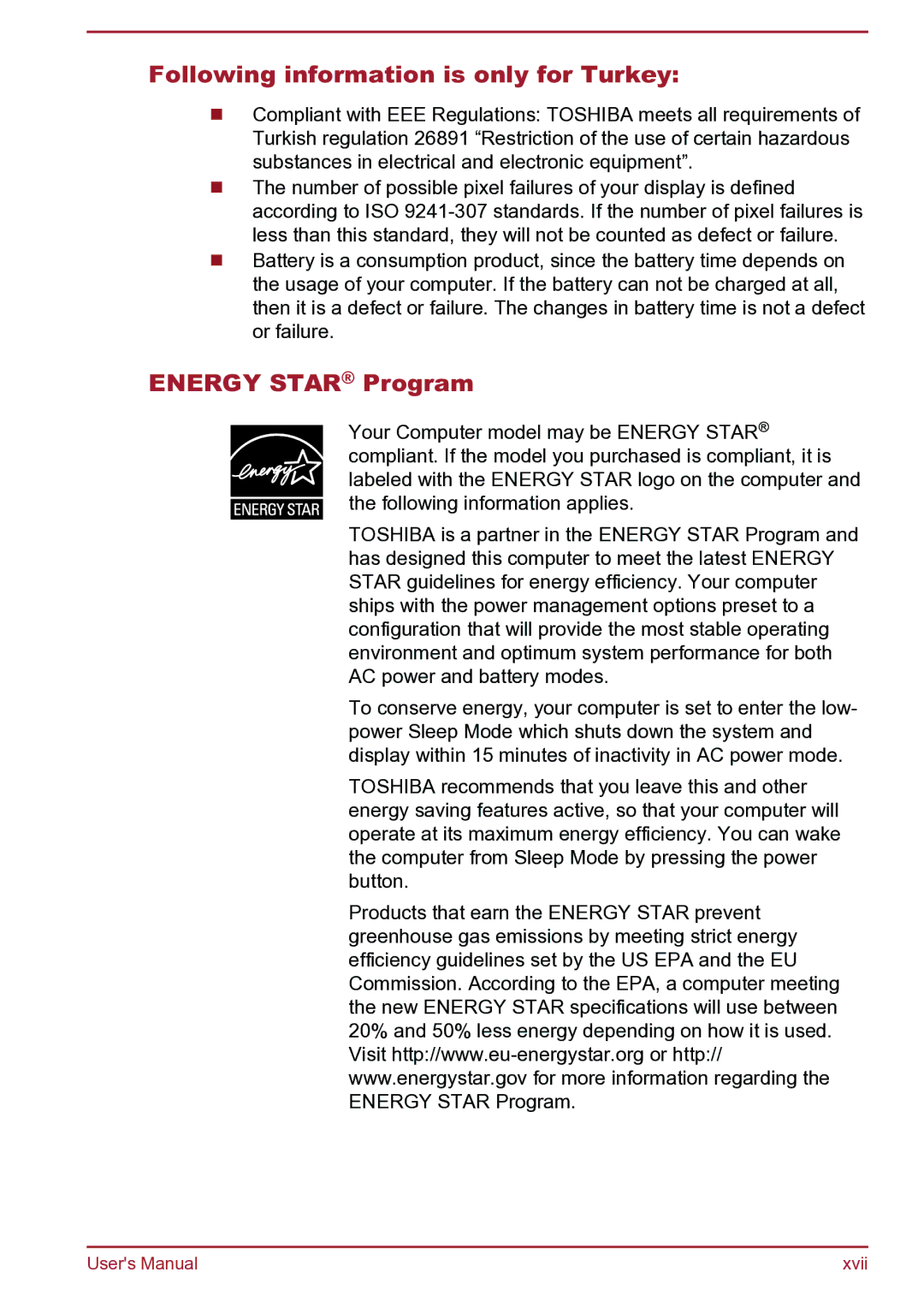 Toshiba Satellite Pro S850 user manual Following information is only for Turkey, Energy Star Program 