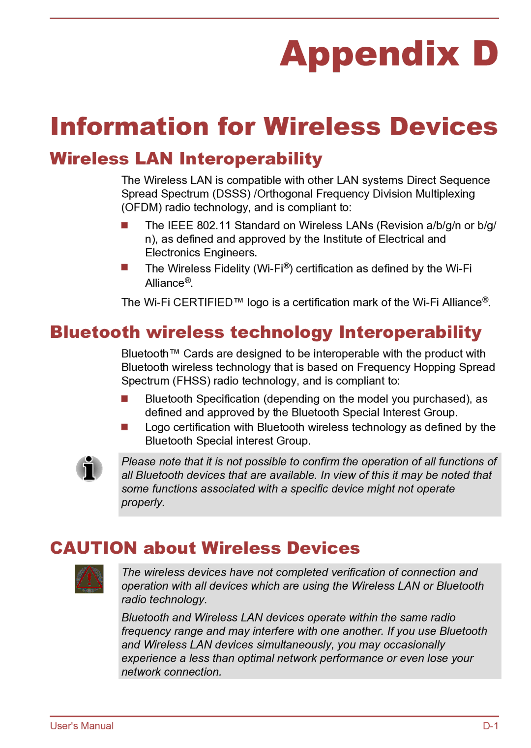 Toshiba Satellite Pro S850 user manual Information for Wireless Devices, Wireless LAN Interoperability 