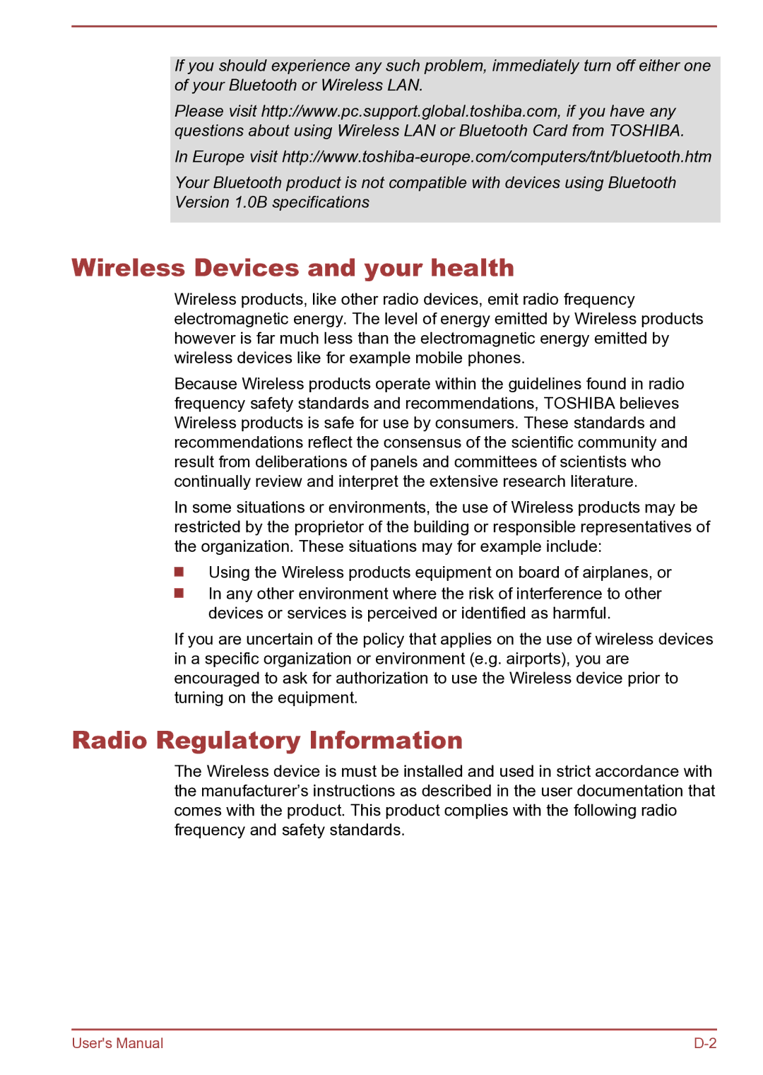 Toshiba Satellite Pro S850 user manual Wireless Devices and your health, Radio Regulatory Information 