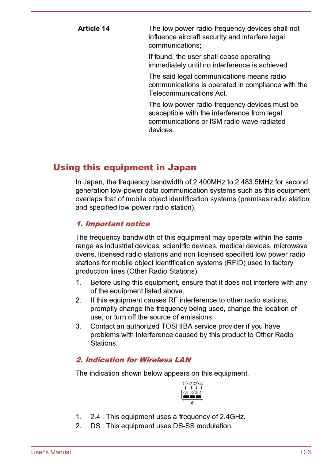 Toshiba Satellite Pro S850 user manual Using this equipment in Japan, Important notice, Indication for Wireless LAN 