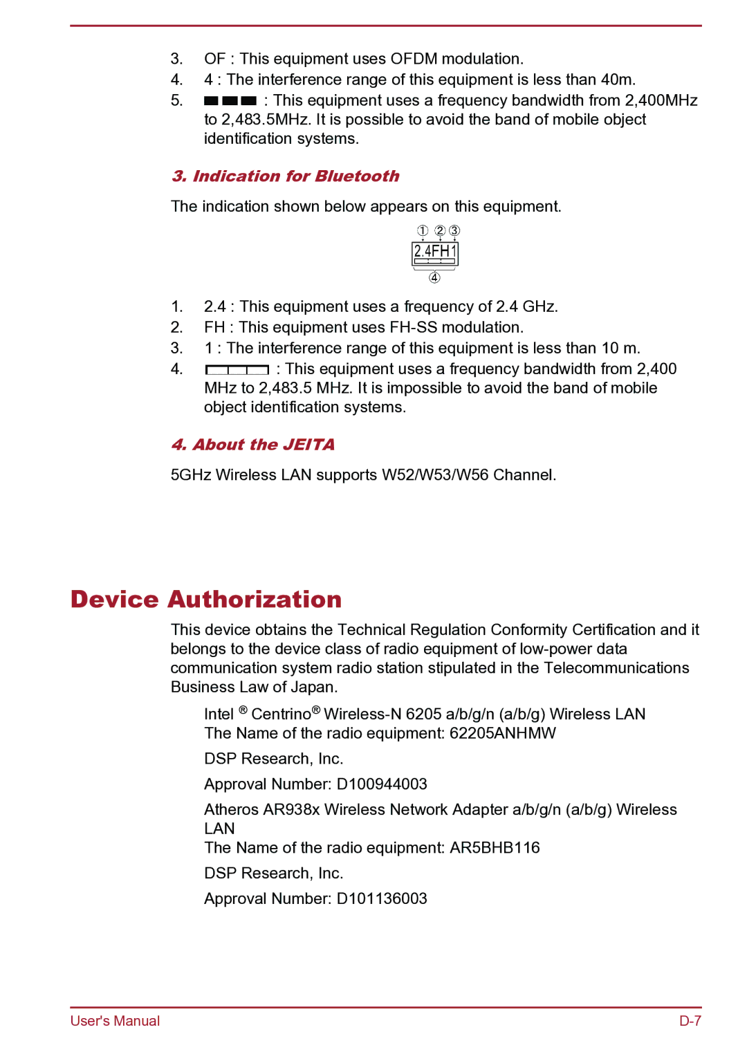 Toshiba Satellite Pro S850 user manual Device Authorization, Indication for Bluetooth, About the Jeita 